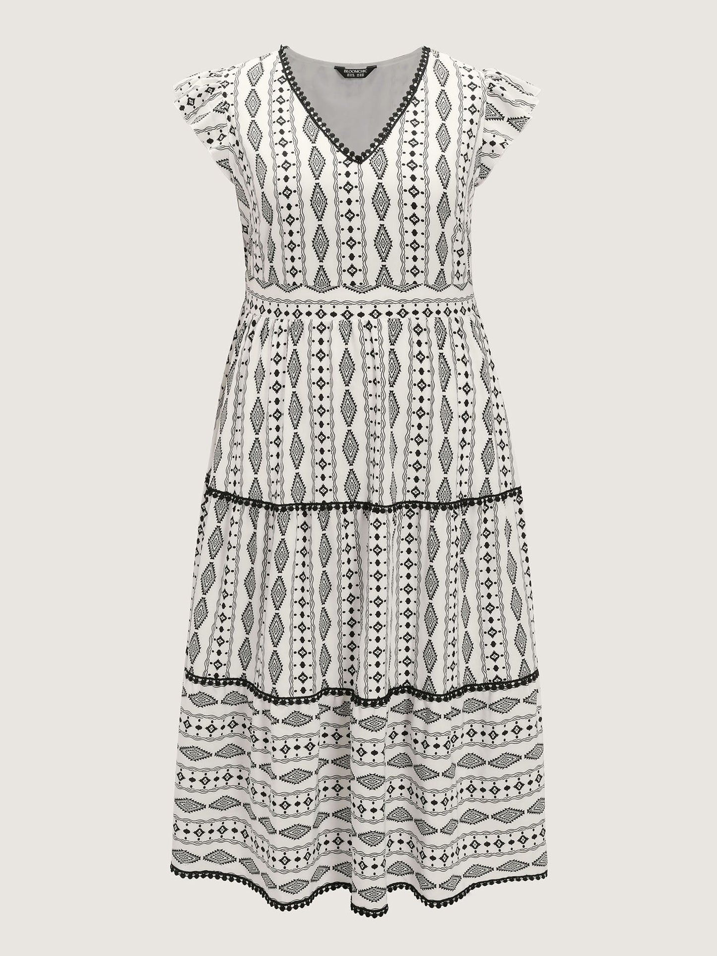 Geometric Print Lace Trim Tiered Maxi Dress