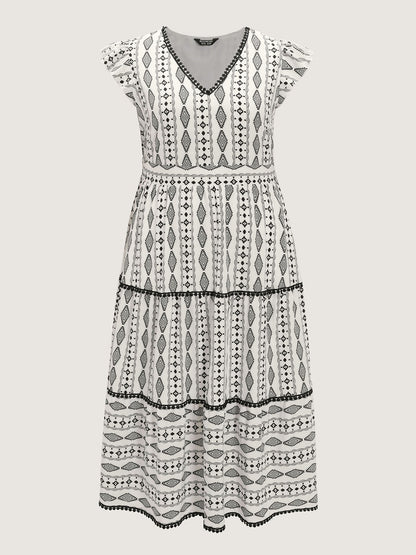 Geometric Print Lace Trim Tiered Maxi Dress