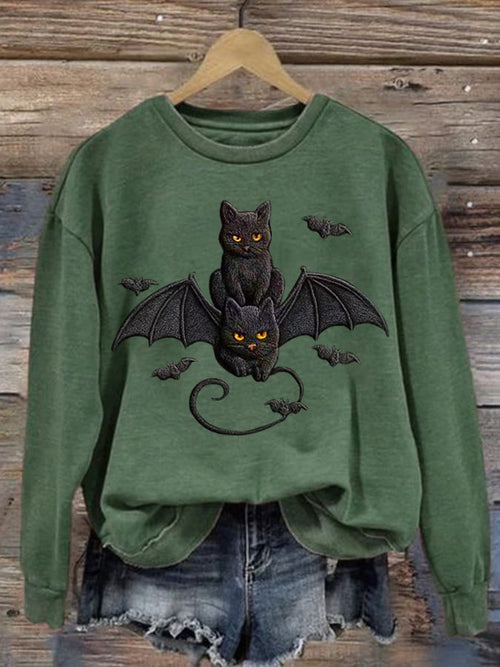 Women's Autumn Halloween Cute Bat and Black Cat Printed Casual Holiday Round Neck Sweatshirt