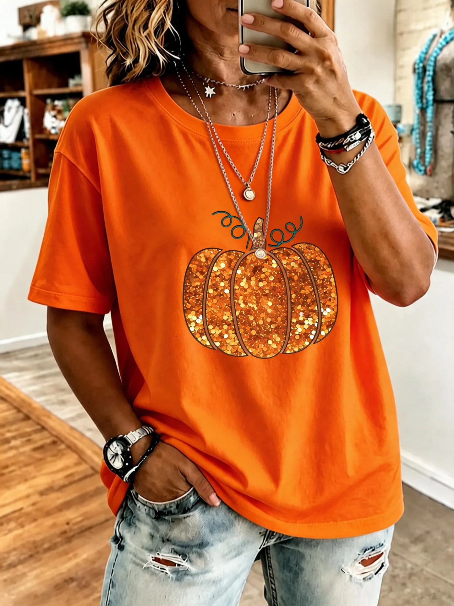 Women's  Halloween Floral Pumpkins Print Cotton T-Shirt