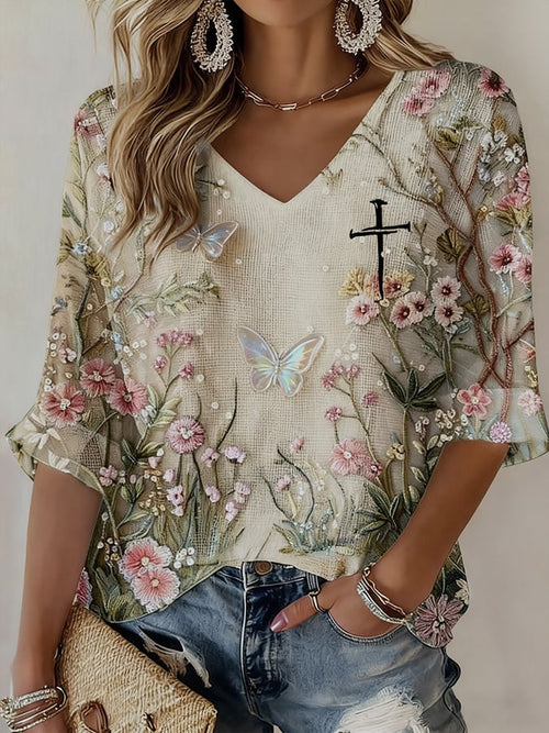 Women's Faith Floral Print Waffle Long Sleeve T-Shirt