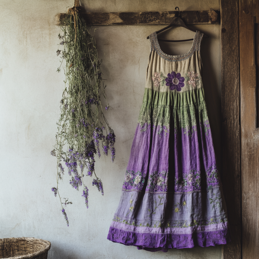 Vintage Bohemian Lavender Patchwork Art Printed Sleeveless  Cozy Linen Maxi Dress