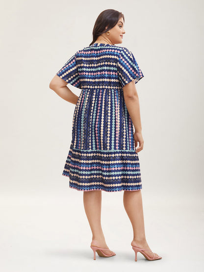 Dot Print Elastic Waist Split Neck Mini Dress