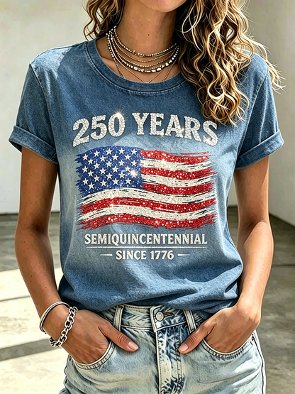 Ladies' Casual American 250Th Anniversary Commemorative Sequin Personalized Printed Round Neck Short Sleeved T-Shirt