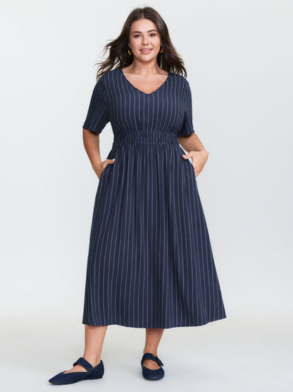 Striped V-Neck Shirred Waist Midi Dress