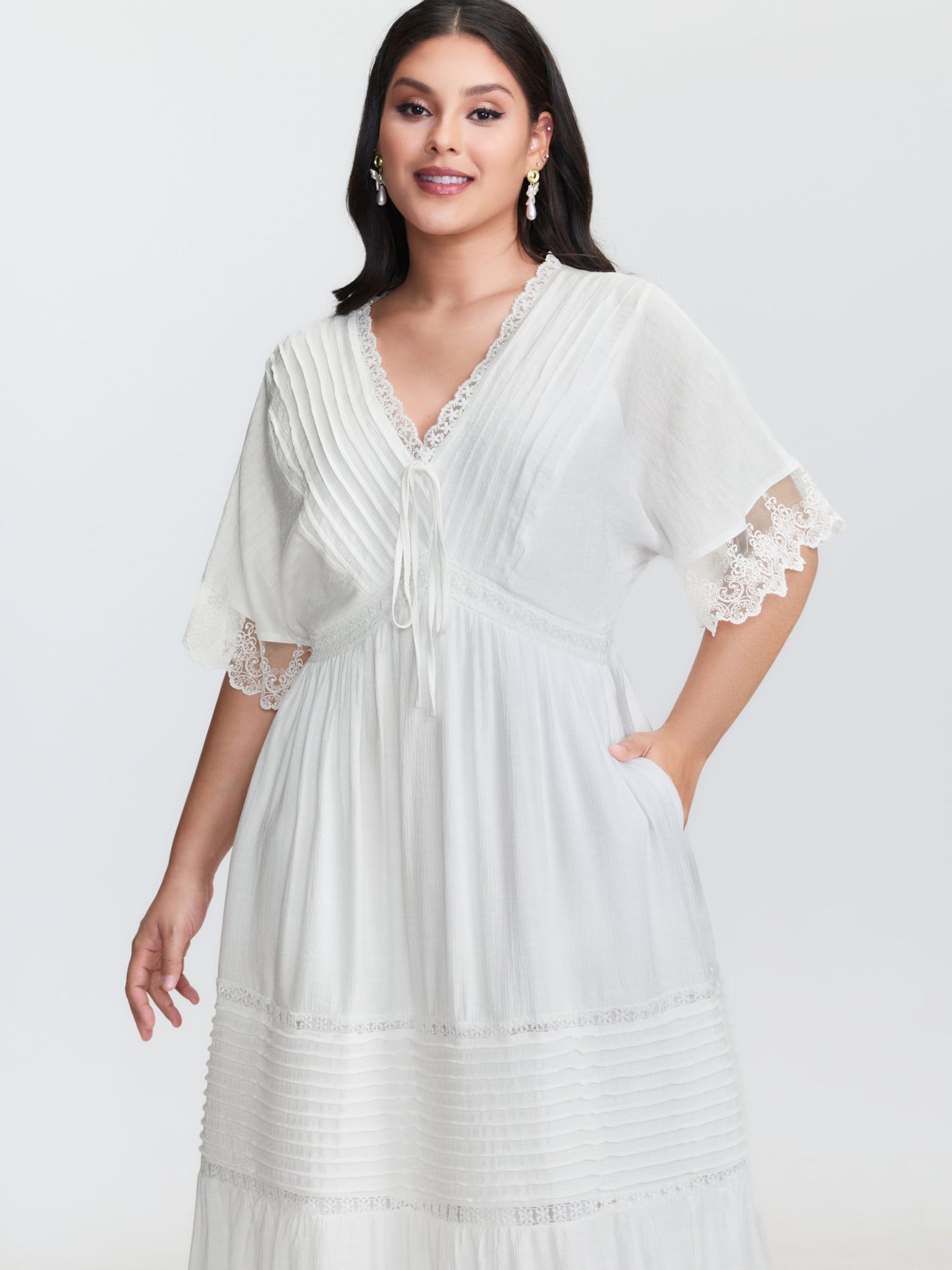Pleated Neckline Romantic Lace Ruffled Maxi Dress