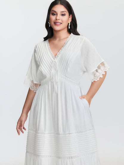 Pleated Neckline Romantic Lace Ruffled Maxi Dress