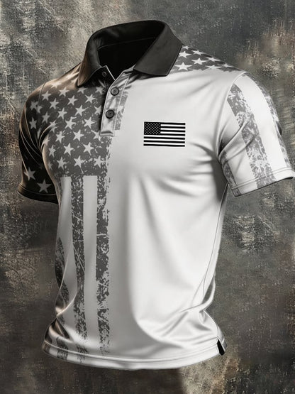 Men's Retro Patriotic Color-Block Short-Sleeve Polo Shirt