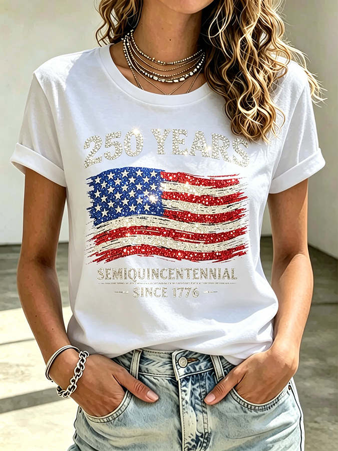 Ladies' Casual American 250Th Anniversary Commemorative Sequin Personalized Printed Round Neck Short Sleeved T-Shirt