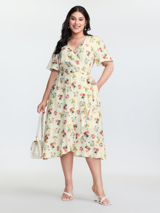 Floral Print Wrap Neckline Pockets Midi Dress