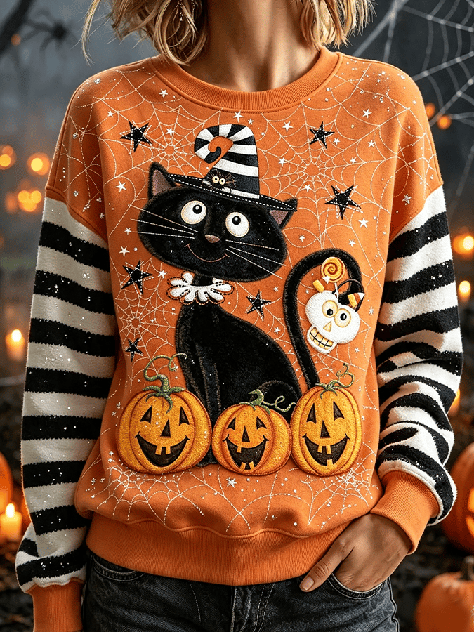 Women's Halloween Cat Pattern Crew Neck Comfortable Sweatshirt
