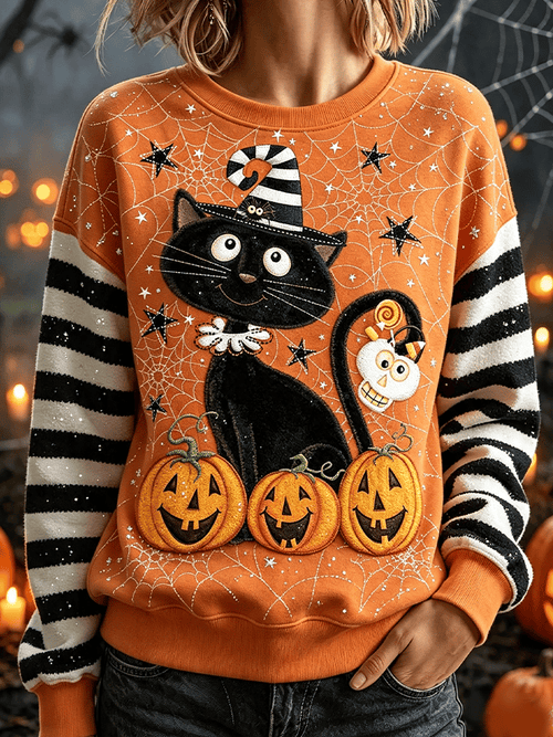 Women's Halloween Cat Pattern Crew Neck Comfortable Sweatshirt