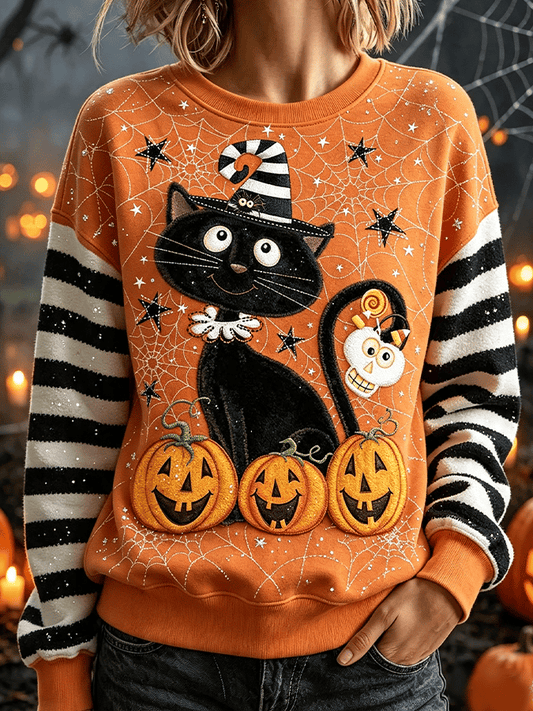 Women's Halloween Cat Pattern Crew Neck Comfortable Sweatshirt