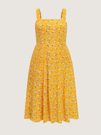 Vibrant Floral Print Waist-Defining Midi Dress