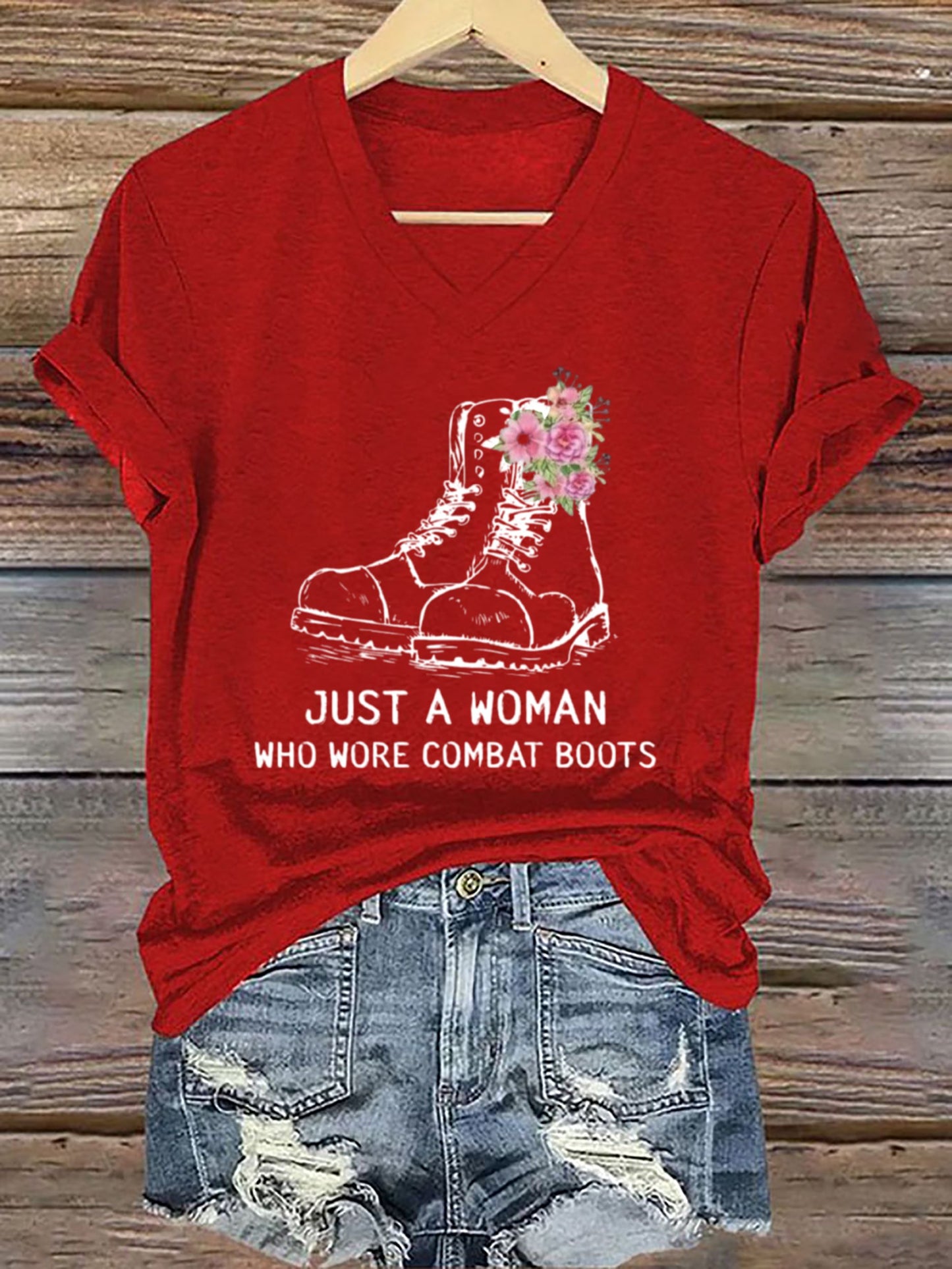 Women's Just A Woman In Combat Boots Printed Short-Sleeved T-Shirt