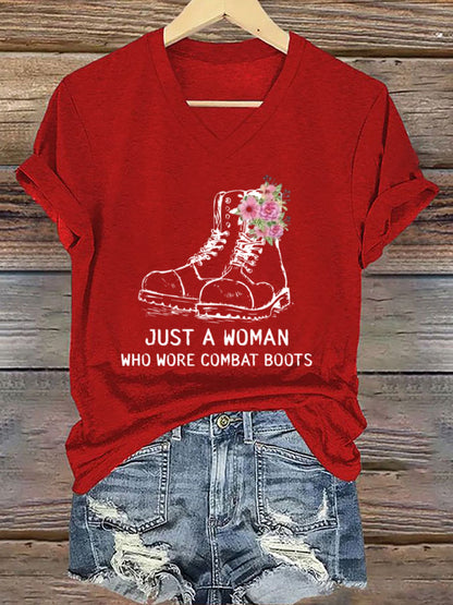 Women's Just A Woman In Combat Boots Printed Short-Sleeved T-Shirt