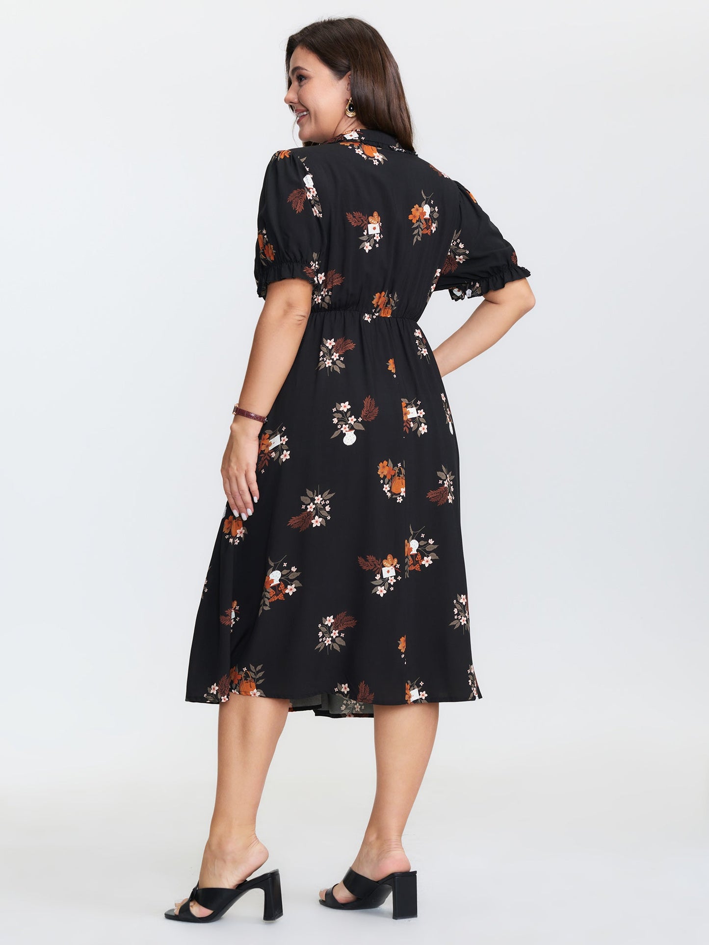 Retro Floral Print Cinched-Waist Midi Dress