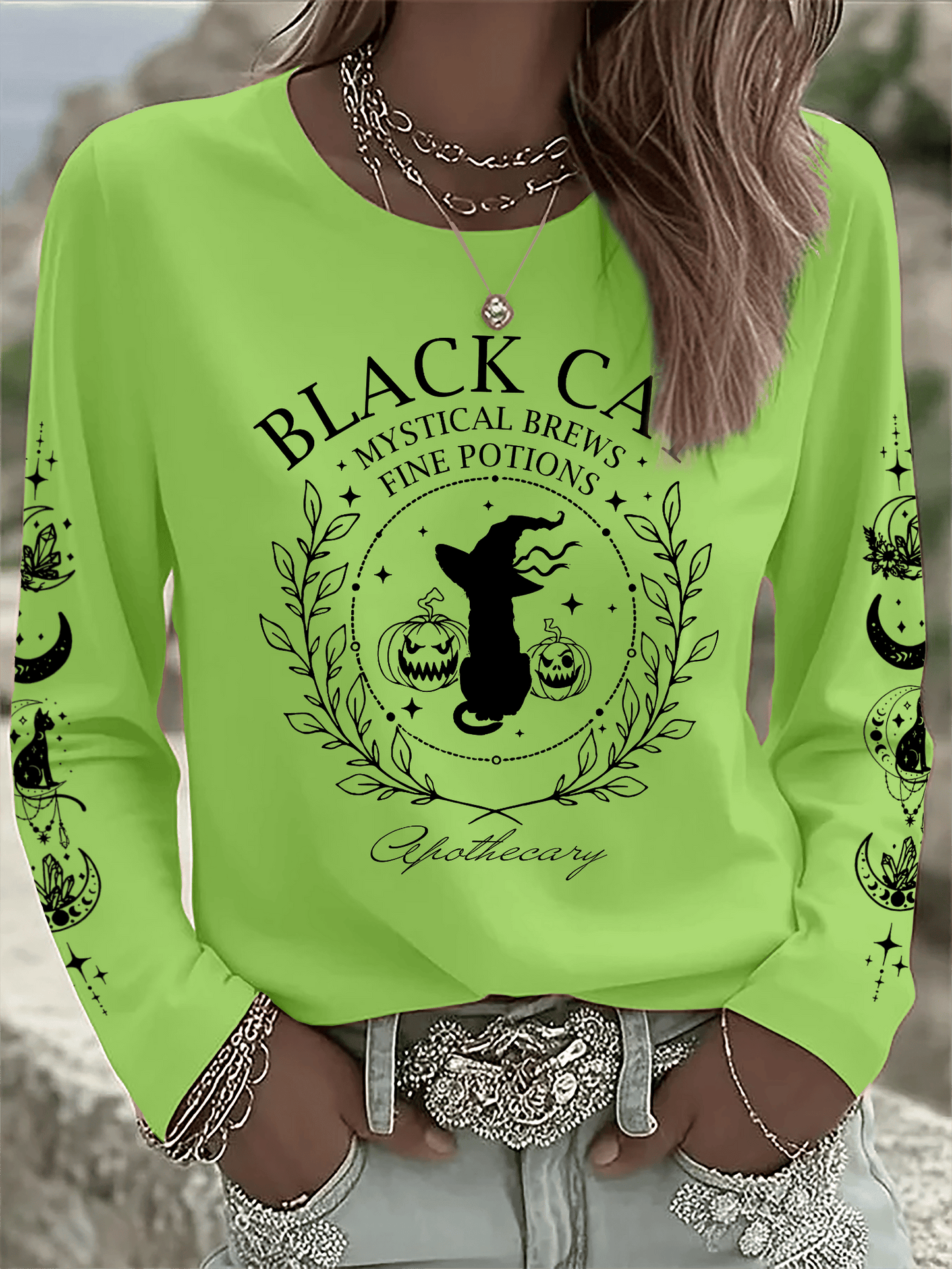 🔥HOT SALE🔥Women's Black Cat Mystical Brews Fine Potions Apothecary Print Long Sleeve T-Shirt
