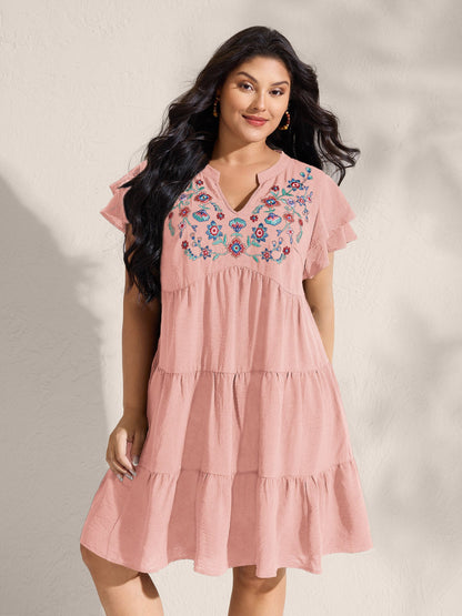 Embroidered Neckline A-Line Ruffled Knee-Length Dress