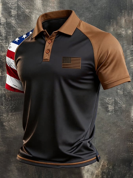 Men's Retro Patriotic Color-Block Short-Sleeve Polo Shirt