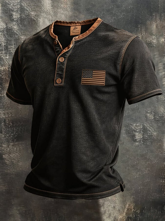 Men's Retro Color Block Knit Ribbed Patriot Henry T-Shirt