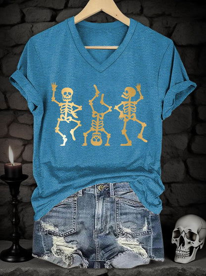 Women's Halloween Skull Gold Metal Print V-Neck Short Sleeve T-Shirt