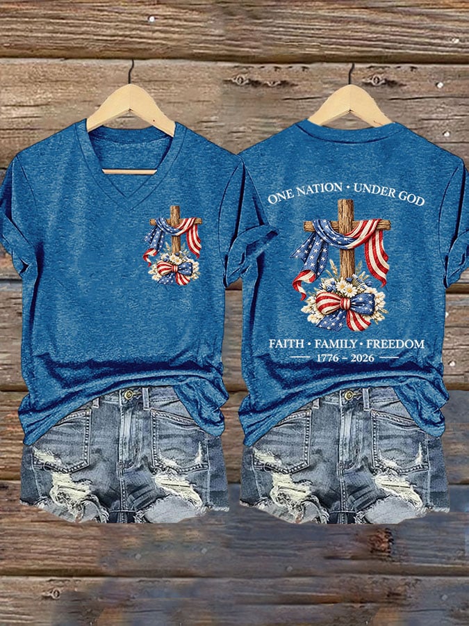 Women's USA 250 Years One Nation Under God Print V Neck T-shirt