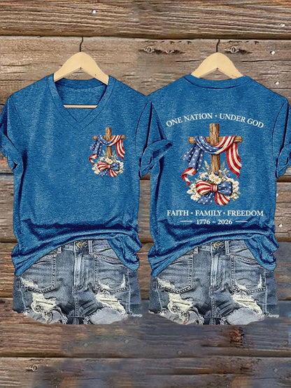 Women's USA 250 Years One Nation Under God Print V Neck T-shirt