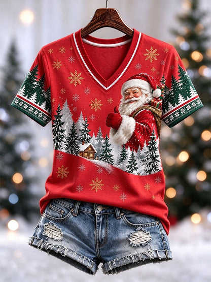 Women's Casual Christmas V-Neck Short-Sleeve T-Shirt