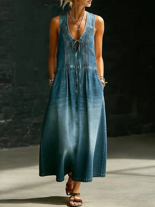 Women's Casual Loose Denim V-neck Lacing Long Skirt