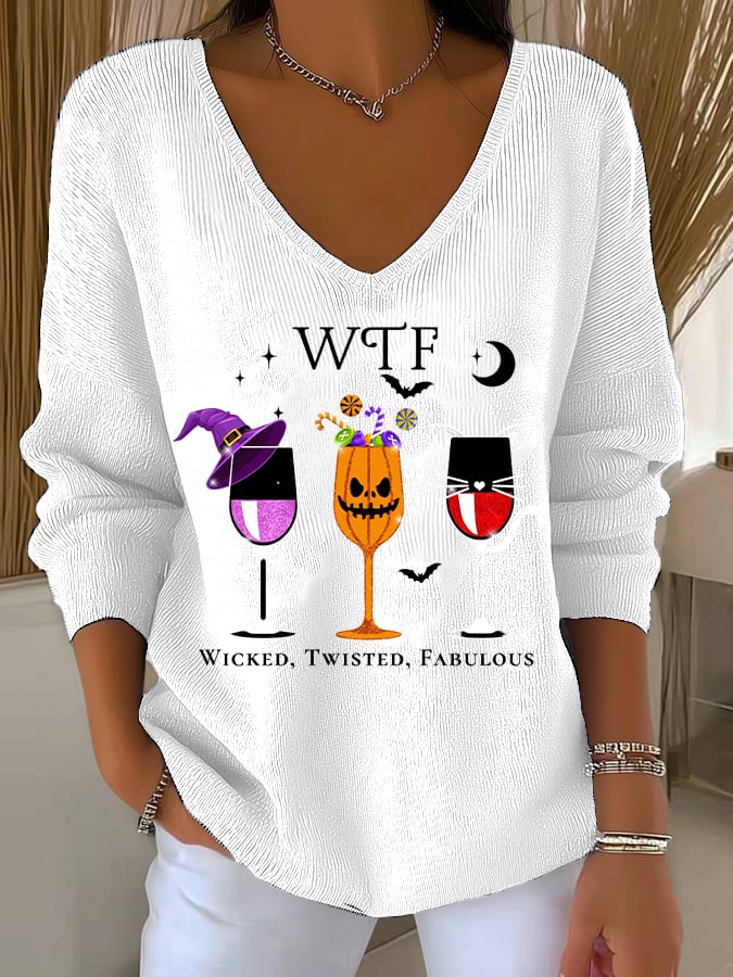 🔥HOT SALE🔥Women's WTF Wicked Twisted Fabulous Print V Neck Sweater
