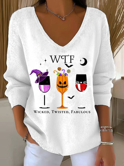 🔥HOT SALE🔥Women's WTF Wicked Twisted Fabulous Print V Neck Sweater