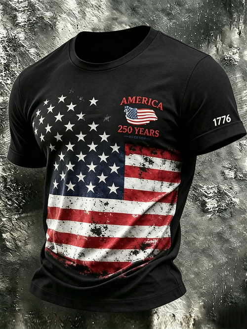 Men's Retro American Independence Day Flag Printed T-Shirt