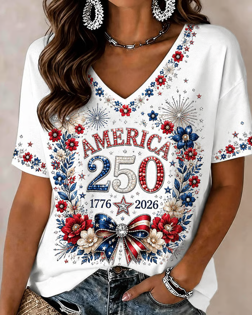 250th Anniversary Bow Print V-neck Short Sleeve Tshirt