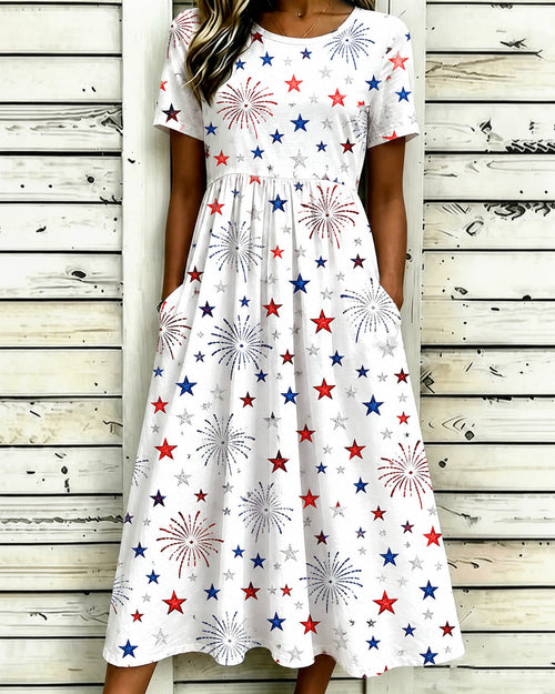 250th Anniversary Charity Fireworks  Print Pocket Casual Dress