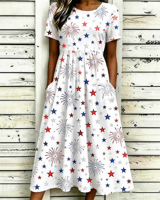 250th Anniversary Charity Fireworks  Print Pocket Casual Dress