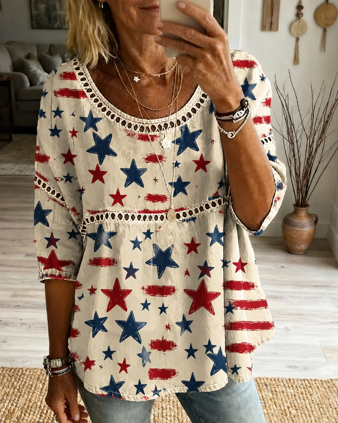 250th Anniversary Colorful Little Star Print Round Neck Blouse