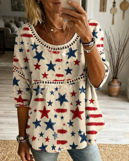 250th Anniversary Colorful Little Star Print Round Neck Blouse
