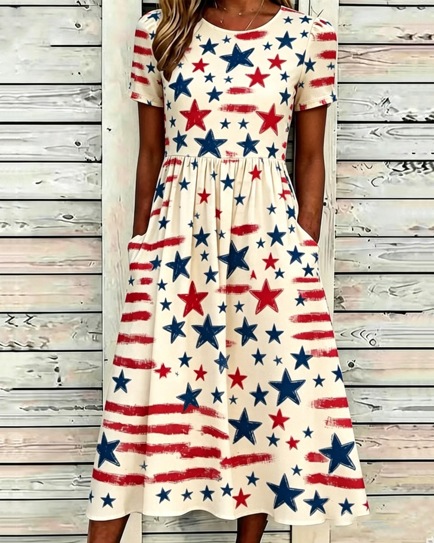 250th Anniversary Colorful Little Star Print Pocket Casual Dress