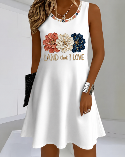 250th Anniversary Colorway Flowers Print Round Neck Sleeveless Mini Casual Dress
