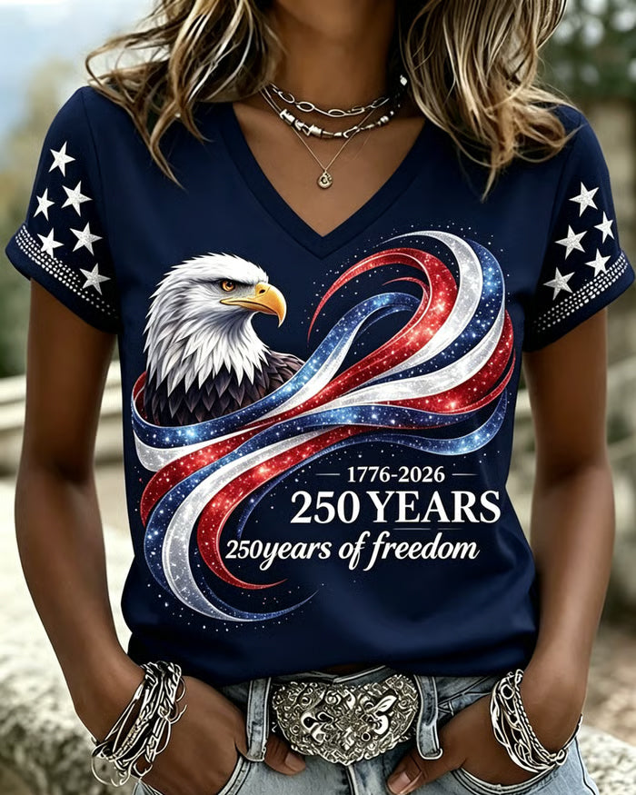 250th Anniversary Eagle Stripes Print V-neck Short Sleeve Tshirt