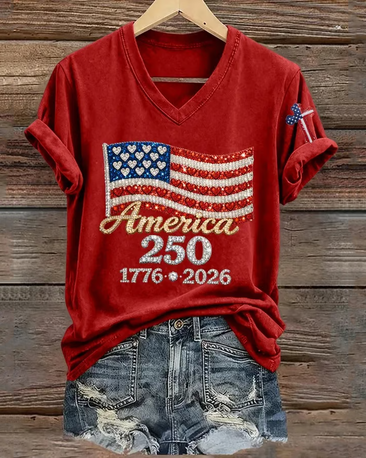250th Anniversary Flag Cross V Neck Short Sleeve Tshirt