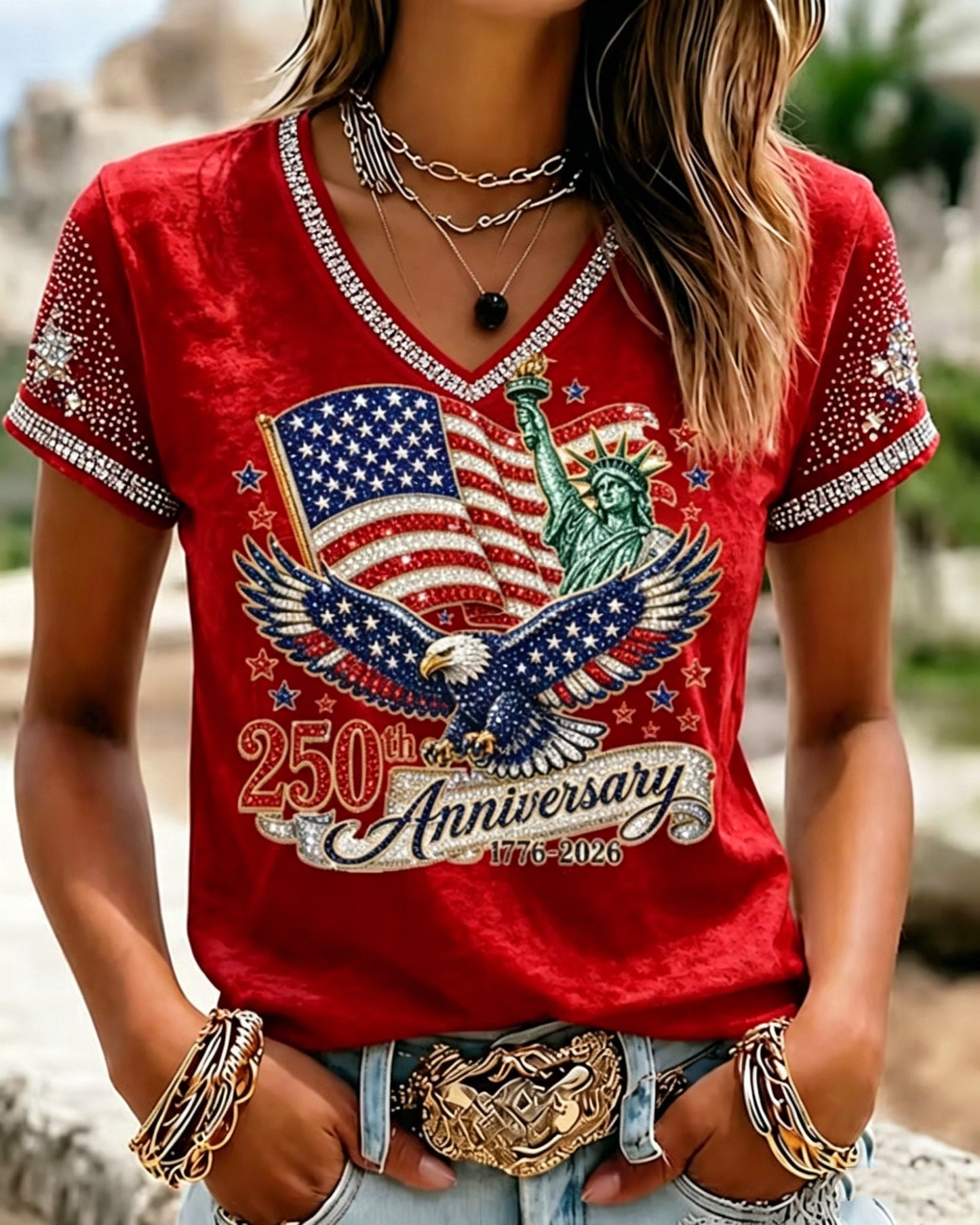 Women's 250th Anniversary Flag and Statue of Liberty Print V-neck Short Sleeve Tshirt