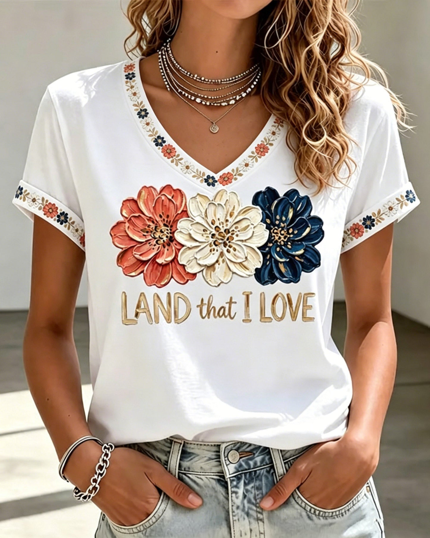 Women's 250th Anniversary Floral Letters Print V-neck Short Sleeve Tshirt