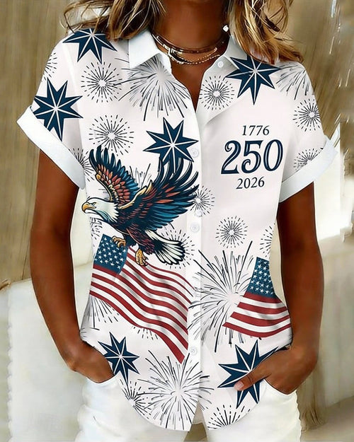 250th Anniversary Flying Eagle Print Lapel Button-Down Short-Sleeved Shirt