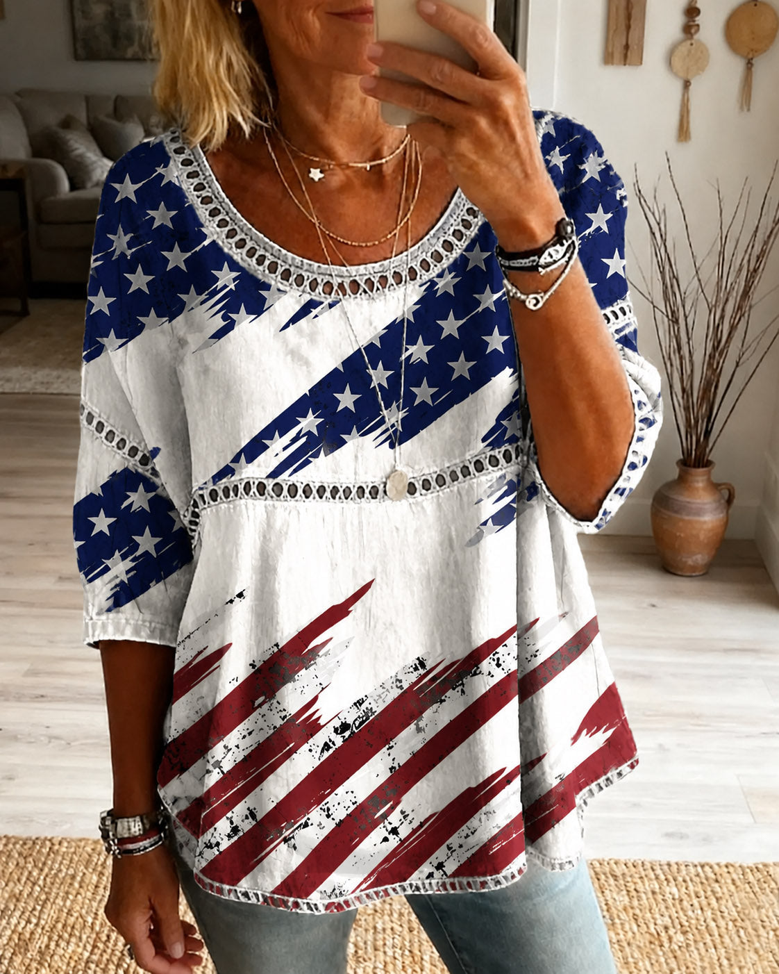 250th Anniversary Graffiti Flag Print Round Neck Blouse