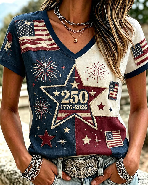 250th Anniversary Graffiti Star Print V-neck Short Sleeve Tshirt