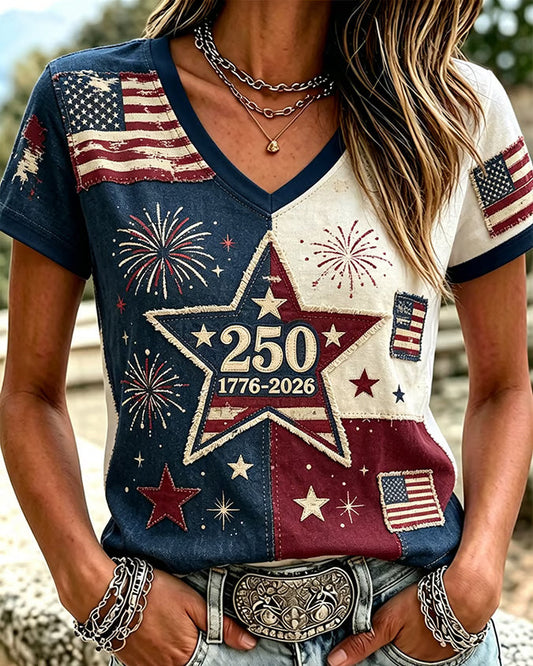 250th Anniversary Graffiti Star Print V-neck Short Sleeve Tshirt