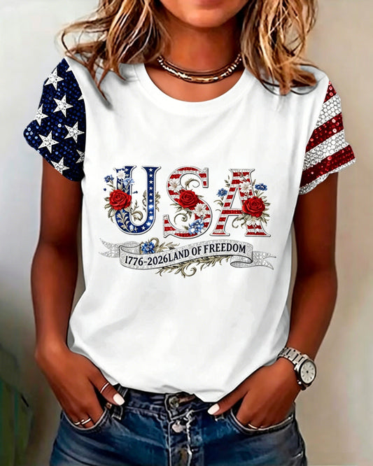 250th Anniversary Letter Flowers Crew Neck Short Sleeve Tshirt