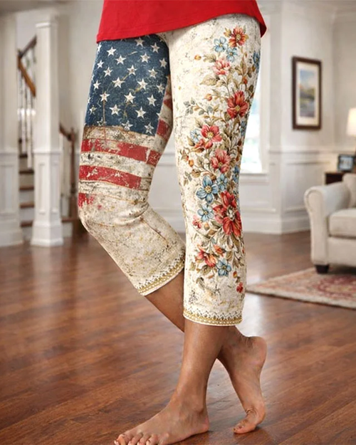 250th Anniversary Retro National Flag Flower High-waisted Fitted Stretchy Leggings